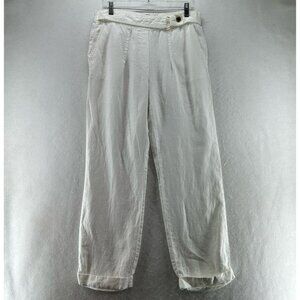 Ellen Tracy Pants Size S Linen Pleated Straight Leg Elastic Waist Cuffed White